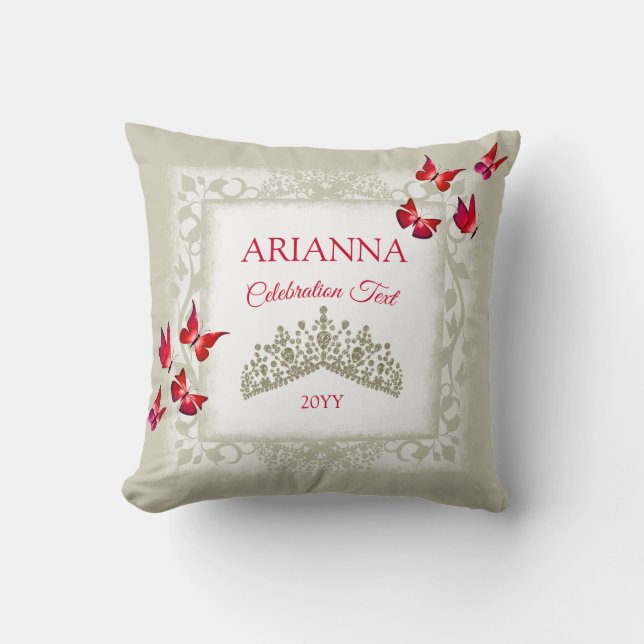 Ruby Red Butterflies, Champaign Gold Tiara Cushion (Front)