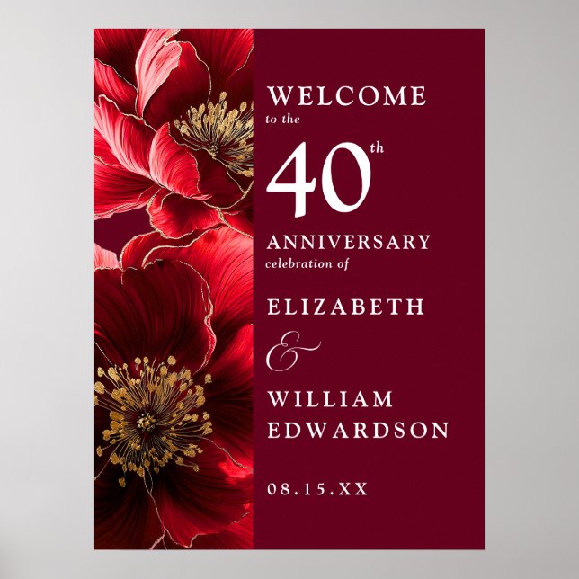 Ruby Red Chic Floral 40th Anniversary Welcome Sign (Front)