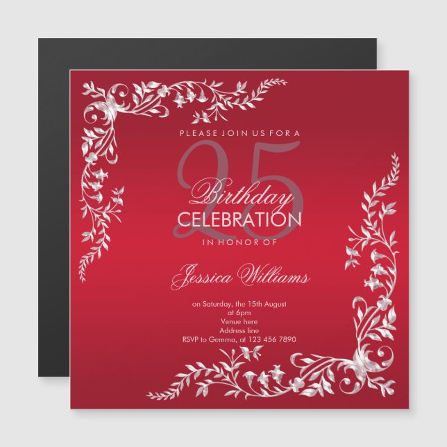 Ruby Red Decoration 25th Birthday  Magnetic Invitation (Front/Back)