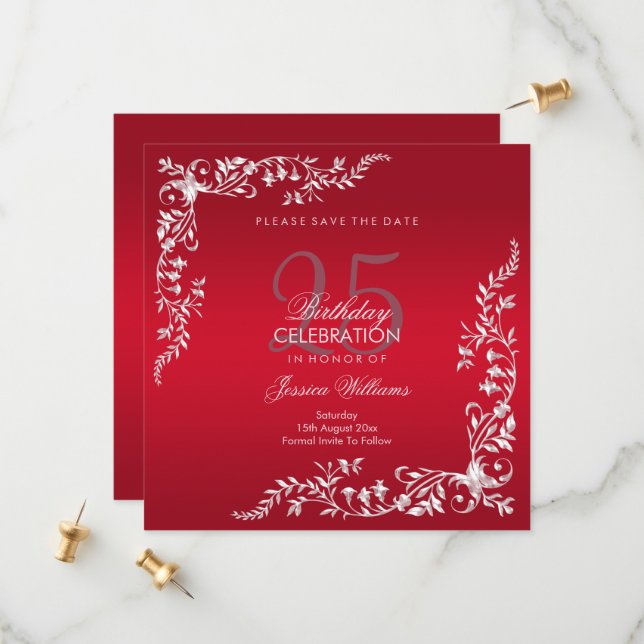 Ruby Red Decoration 25th Birthday   Save The Date (Front/Back In Situ)