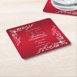 Ruby Red Decoration 25th Birthday Square Paper Coaster