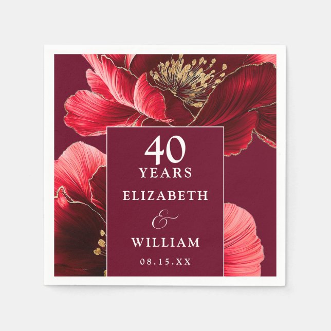 Ruby Red Elegant Floral 40th Anniversary Napkin (Front)