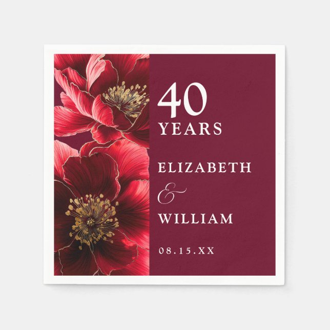 Ruby Red Elegant Modern Floral 40th Anniversary Napkin (Front)