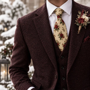 Ruby Red Emerald Green Vintage Rose Bloom Tie