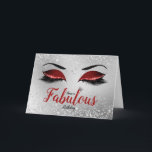 Ruby Red Fabulous Glitter Eyes Standard Birthday Card<br><div class="desc">Ruby Red Fabulous Glitter Eyes Standard Birthday Card features a pair of large eye lids with Ruby Red glitter eyeshadow, diamanté effect liner with long black lashes on a silver glitter effect background. The word 'fabulous' is written in script in a matching Ruby Red with a small silver queen's crown...</div>