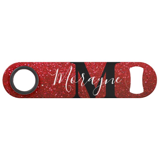 Ruby Red Faux Glitter Black White Monogram Name (Back Horizontal)