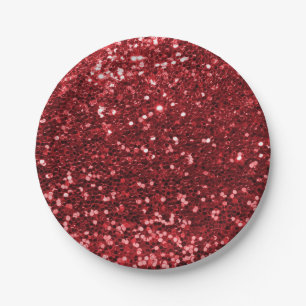 Ruby Red Faux Glitter Sparkle Print Paper Plate
