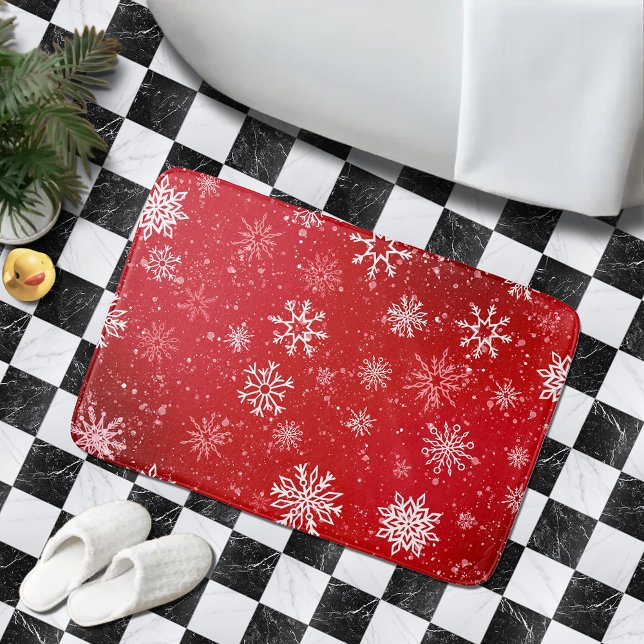 Ruby Red Festive Christmas White Snowflakes  Bath Mat (Creator Uploaded)
