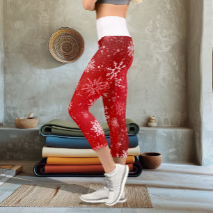 Ruby Red Festive Christmas White Snowflakes Capri Leggings