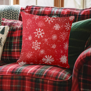 Ruby Red Festive Christmas White Snowflakes Cushion