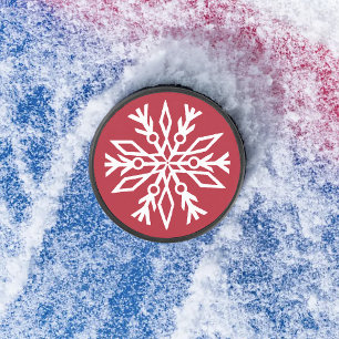 Ruby Red Festive Christmas White Snowflakes Hockey Puck