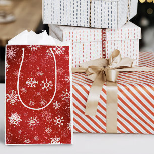 Ruby Red Festive Christmas White Snowflakes Medium Gift Bag