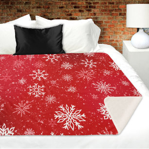 Ruby Red Festive Christmas White Snowflakes Sherpa Blanket