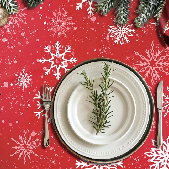 Ruby Red Festive Christmas White Snowflakes  Tablecloth (Creator Uploaded)