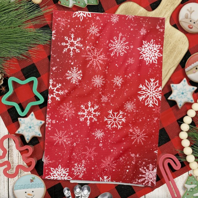 Ruby Red Festive Christmas White Snowflakes  Tea Towel (Creator Uploaded)