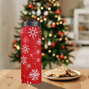 Ruby Red Festive Christmas White Snowflakes  Thermal Tumbler