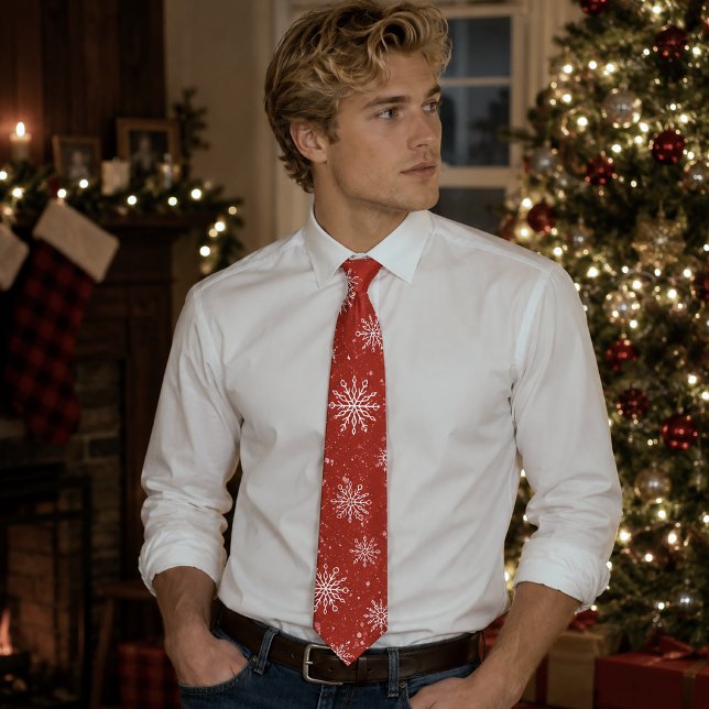 Ruby Red Festive Christmas White Snowflakes  Tie (Creator Uploaded)