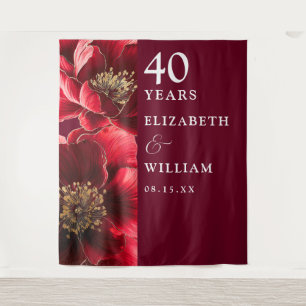 Ruby Red Floral 40th Anniversary Photo Backdrop Tapestry