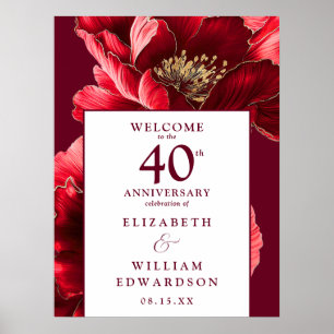 Ruby Red Floral 40th Anniversary Welcome Sign