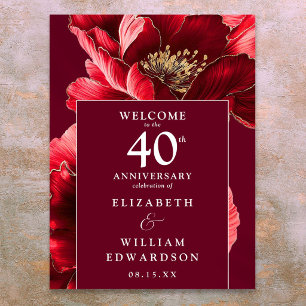 Ruby Red Floral 40th Anniversary Welcome Sign