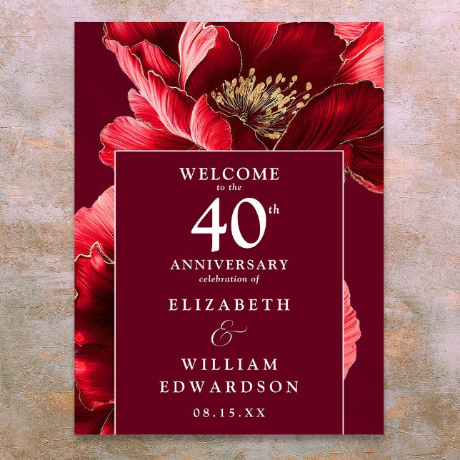 Ruby Red Floral 40th Anniversary Welcome Sign (Ruby Red Floral 40th Anniversary Welcome Sign)