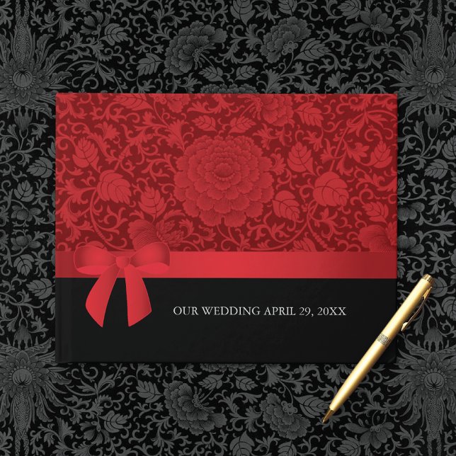 Ruby Red Floral Brocade Romantic Guest Book (Creator Uploaded)