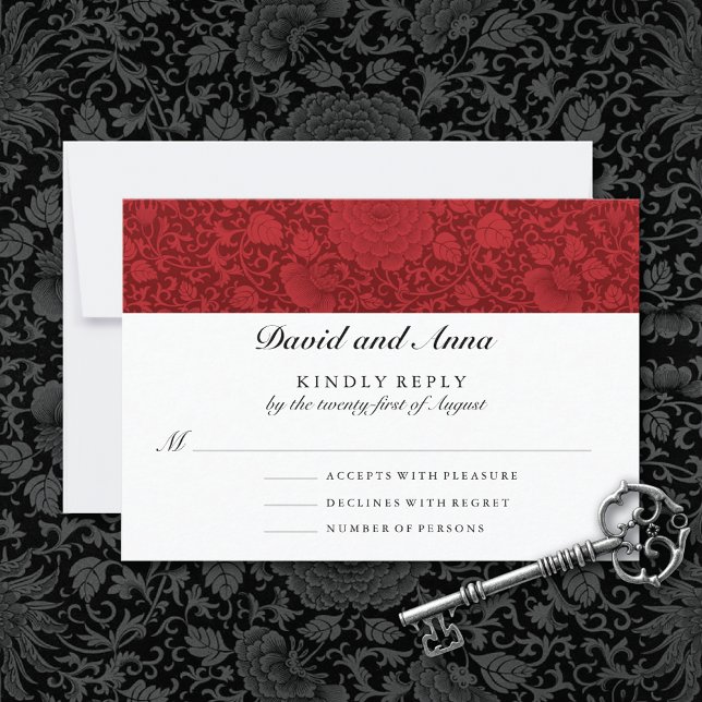 Ruby Red Floral Brocade Wedding  RSVP Card (Creator Uploaded)