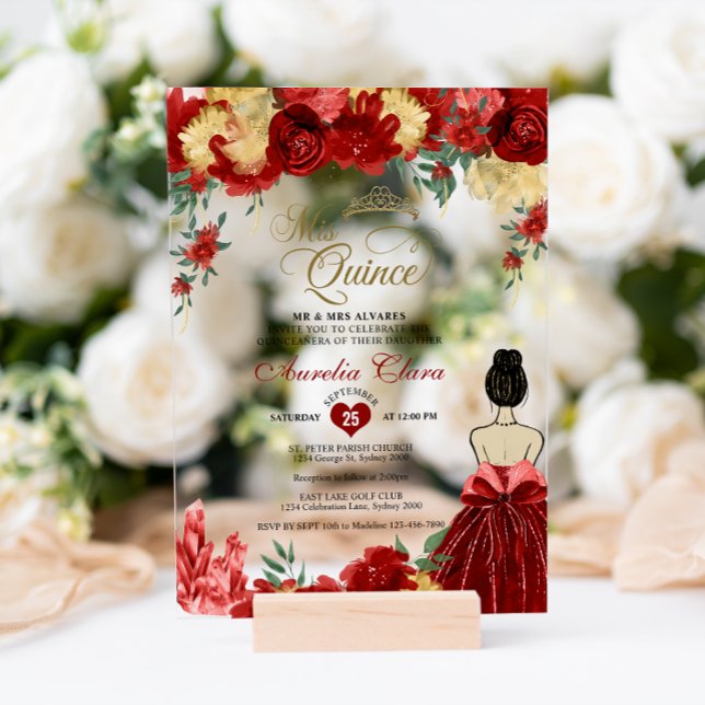 Ruby Red Floral Princess Mis Quince Quinceañera Acrylic Invitations (Creator Uploaded)