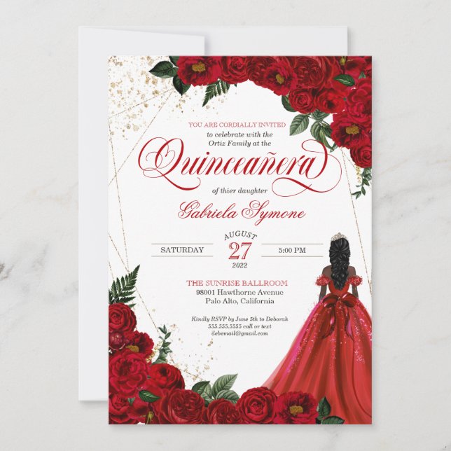 Ruby Red Floral Rose & Gold Elegant Quinceañera In Invitation (Front)