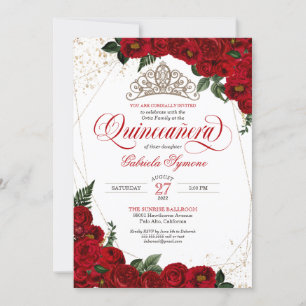 Ruby Red Floral Rose & Gold Elegant Quinceañera Invitation