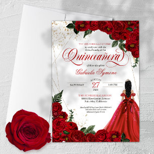 Ruby Red Floral Rose & Gold Elegant Quinceañera Invitation