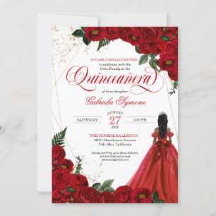 Ruby Red Floral Rose & Gold Elegant Quinceañera Invitation
