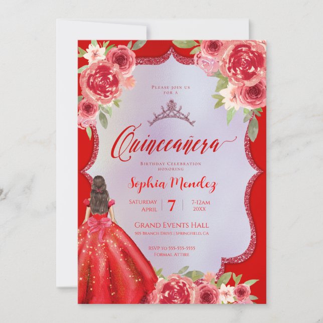 Ruby Red Floral Watercolor Quinceanera Invitation (Front)