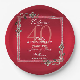 Ruby Red Gems & Glitter Ruby 40TH Wedding Paper Plate