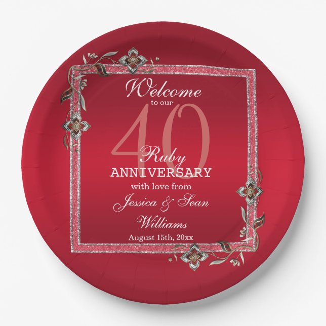 Ruby Red Gems & Glitter Ruby 40TH Wedding Paper Plate (Front)