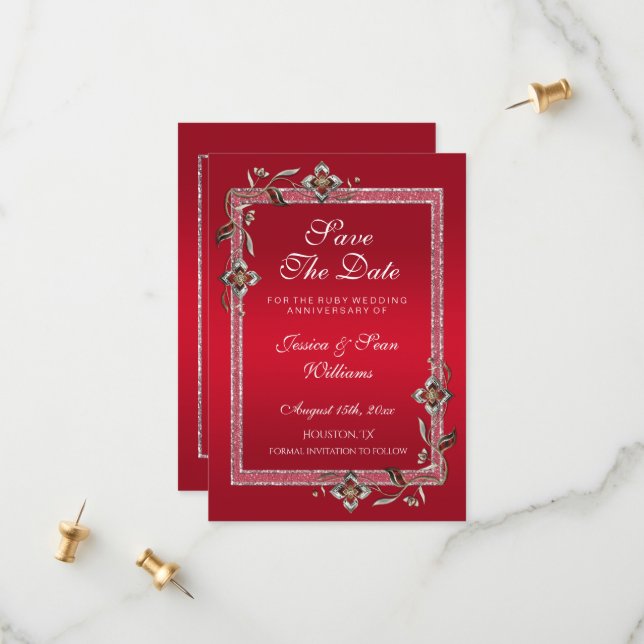 Ruby Red Gems & Glitter Ruby 40TH Wedding Save The Date (Front/Back In Situ)