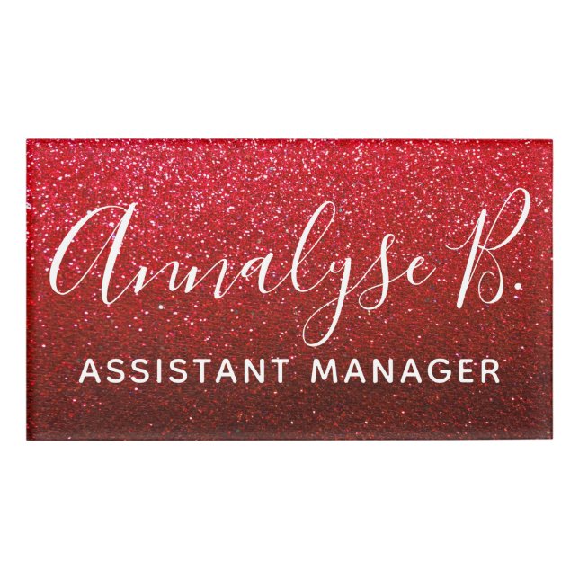 Ruby Red Glitter Ombre Sparkly Name Professional Tag (Front)