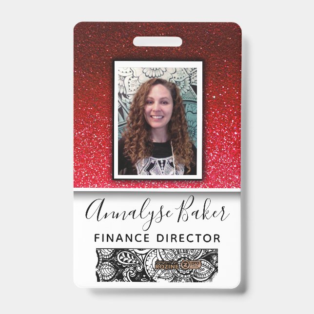 Ruby Red Glitter Professional CNA Nurse Photo Name ID Badge (Front)