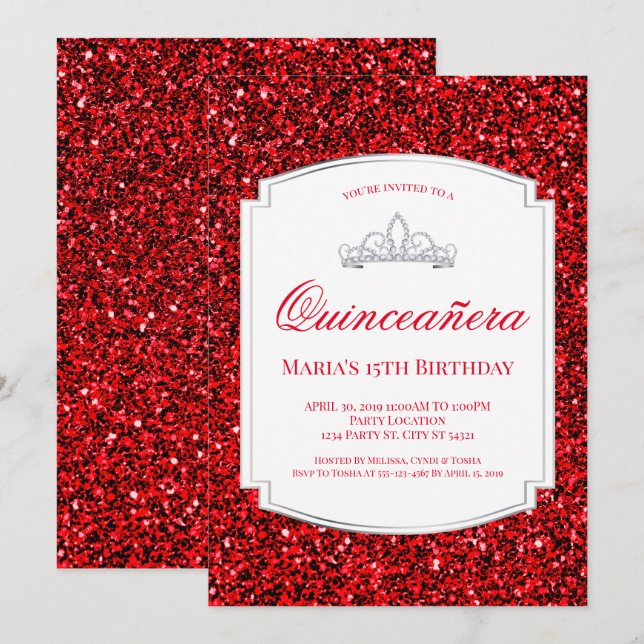 Ruby Red Glitter Quinceañera Invitations (Front/Back)