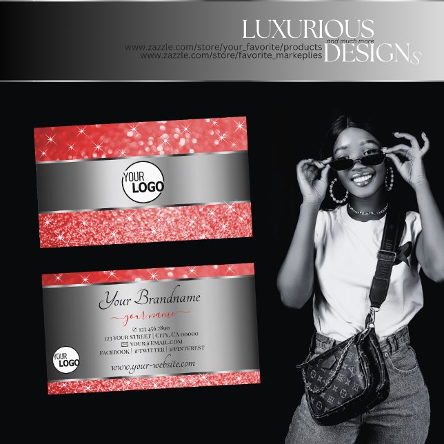 Ruby Red Glitter Silver Luminous Stars and Logo Business Card (Creator Uploaded)