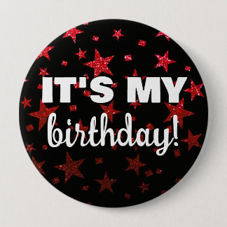 Ruby Red Glitter Stars Confetti It's My Birthday 10 Cm Round Badge
