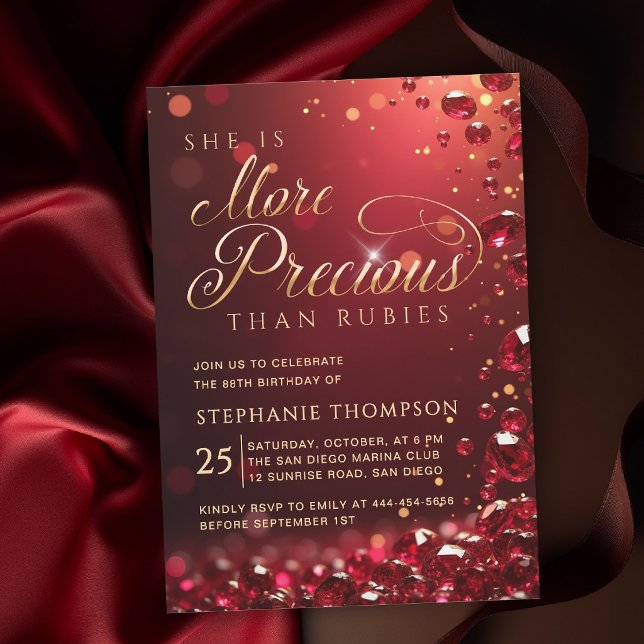 Ruby Red Gold Calligraphy Elegant 80th Birthday Invitation (elegant birthday invitation for mom ruby red gold more precious than rubies bible quote calligraphy)