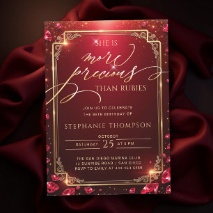 Ruby Red Gold Deco Frame Elegant Mum 80th Birthday Invitation