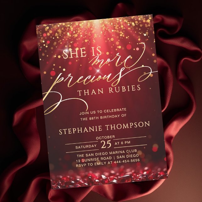 Ruby Red Gold Glitter Calligraphy 80th Birthday Invitation (elegant birthday invitation for mom ruby red gold more precious than rubies bible quote classy)