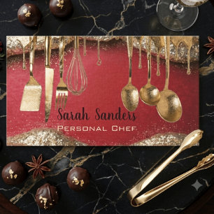 Ruby Red & Gold Glitter Drip Personal Chef  Business Card