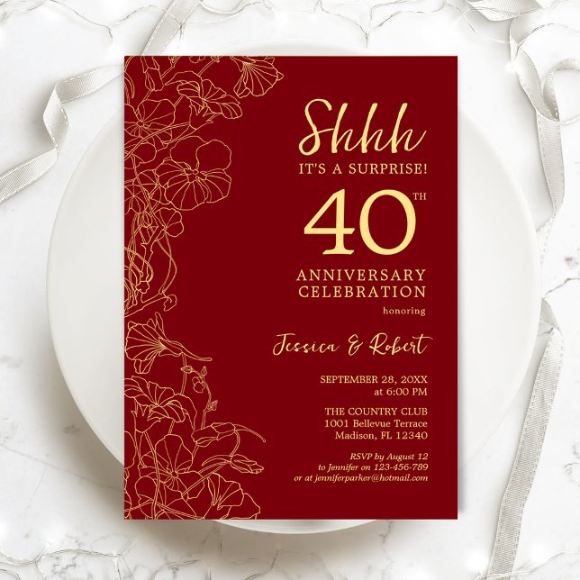 Ruby Red Gold Surprise 40th Anniversary Invitation (Creator Uploaded)