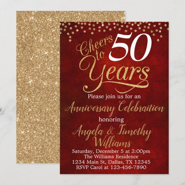 Ruby Red Gold Wedding Anniversary Invitation (Front/Back)