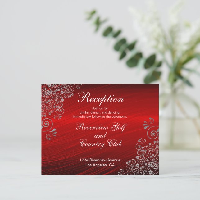 Ruby Red Grey Swirls Wedding Reception Invitation (Standing Front)