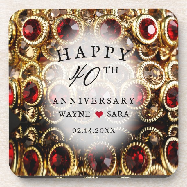 Ruby Red Jewelled 40th Wedding Anniversary Coaster (Front)