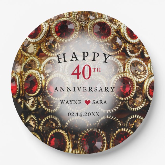 Ruby Red Jewelled 40th Wedding Anniversary Paper Plate (Front)